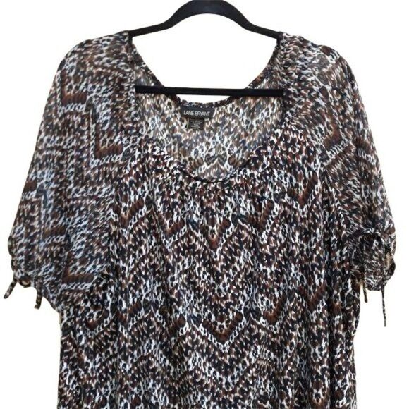Lane Bryant Peasant‎ Tribal Zigzag Scoop Neck 3/4 Puff Sleeve Top Brown Sz 26/28 - Picture 4 of 12